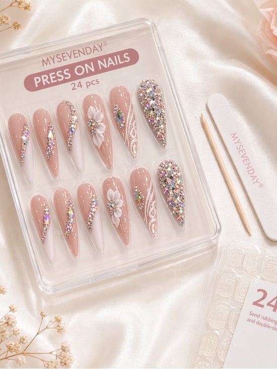 Big Jewelry Co Other - MYSEVENDAY Nude Pink Rhinestone & Floral Press-On Nails - 24 PCS